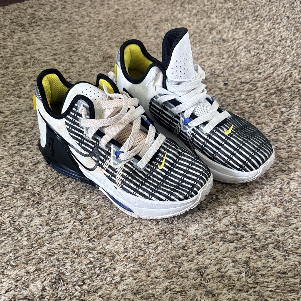 Nike Lebron Kids Black & White Patterned Athletic Shoes With Yellow Accents